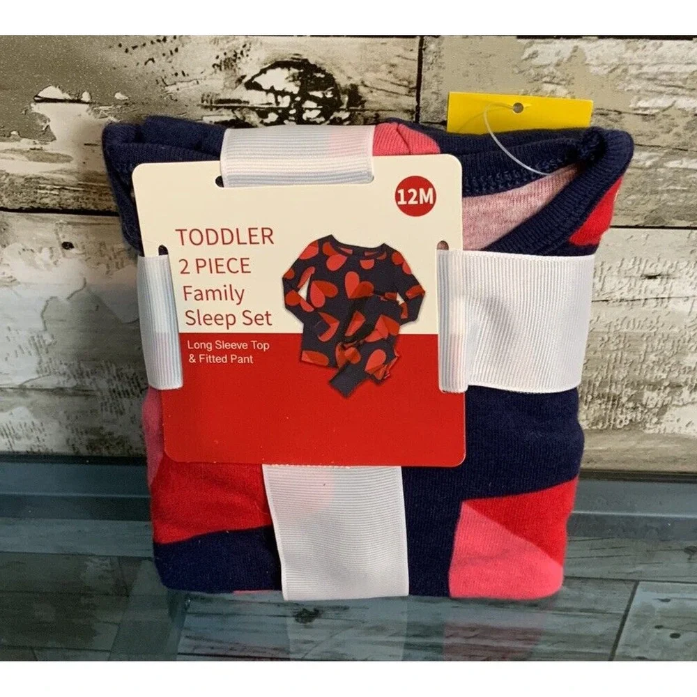 Toddler Girls Navy Red & Pink Heart Valentines Snug Fit Long‎ Sleeve Pajamas 12m